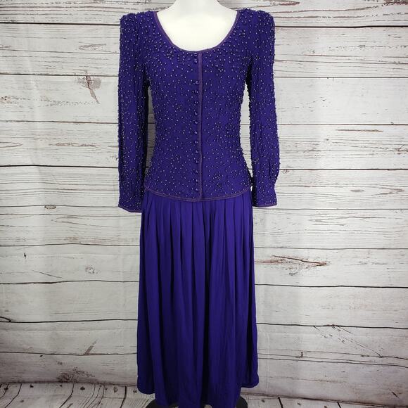 Sarah Elizabeth Vintage Purple Rayon Pearl Detail Long Sleeve Dress Size 8 - Picture 1 of 14